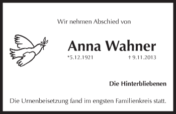 Traueranzeige von Anna Wahner von Pegnitz-Zeitung